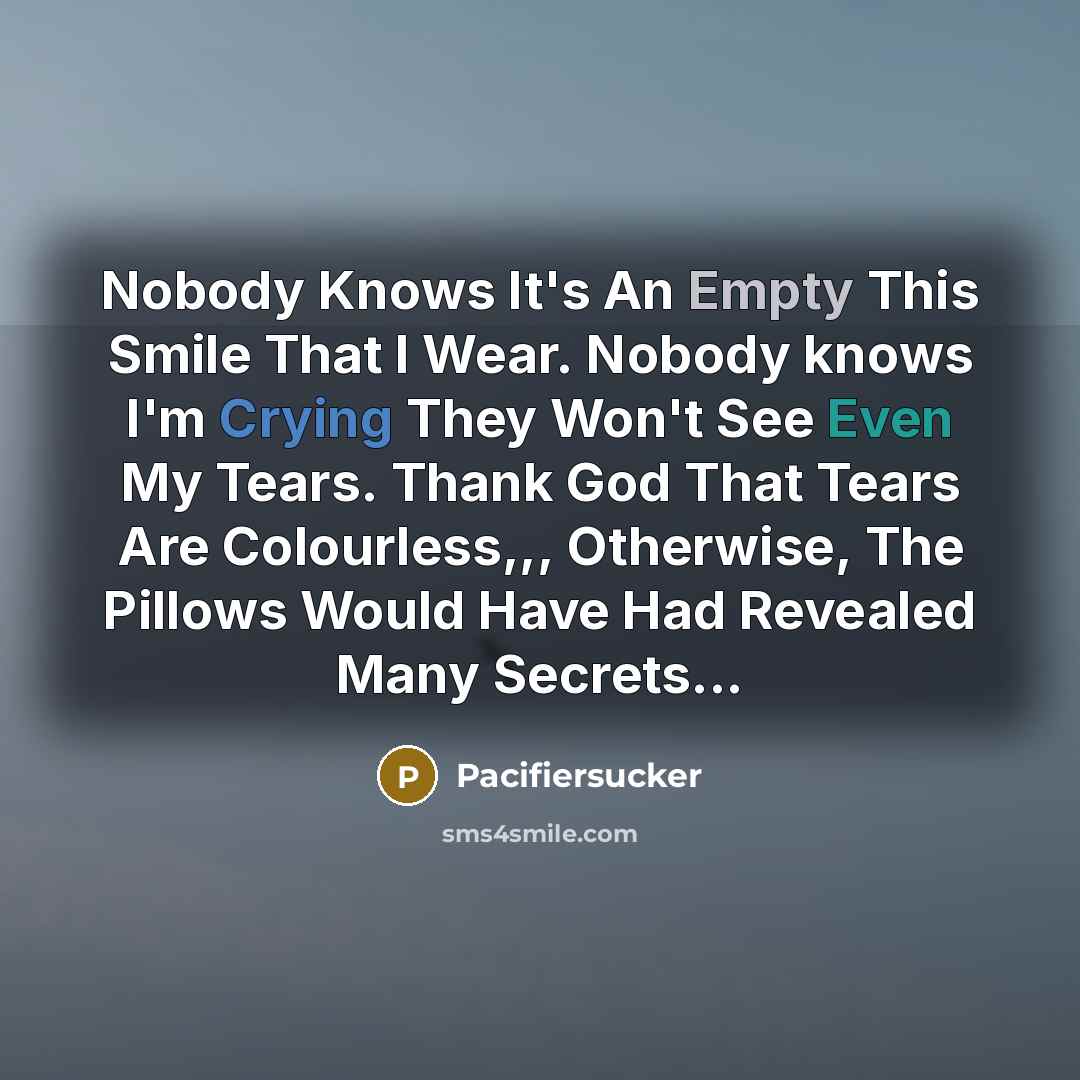 “Nobody Knows It's An Empty This Smile That I Wear. Nobody knows I'm Crying They Won't See Even My Tears. Thank God That Tears Are Colourless,,, Otherwise, The Pillows Would Have Had Revealed Many Secrets...” quote by Pacifiersucker