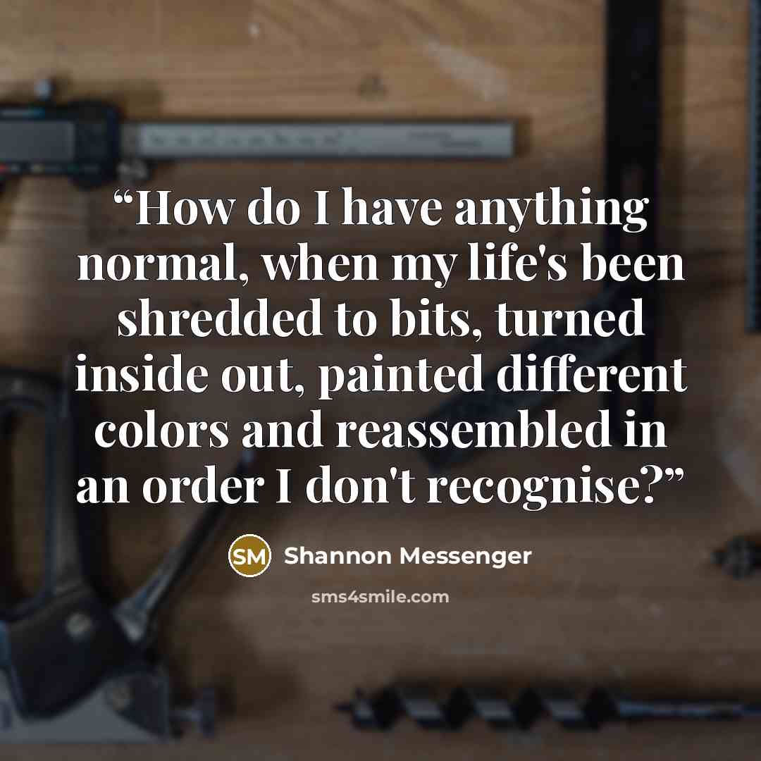“How do I have anything normal, when my life's been shredded to bits, turned inside out, painted different colors and reassembled in an order I don't recognise?” quote by Shannon Messenger