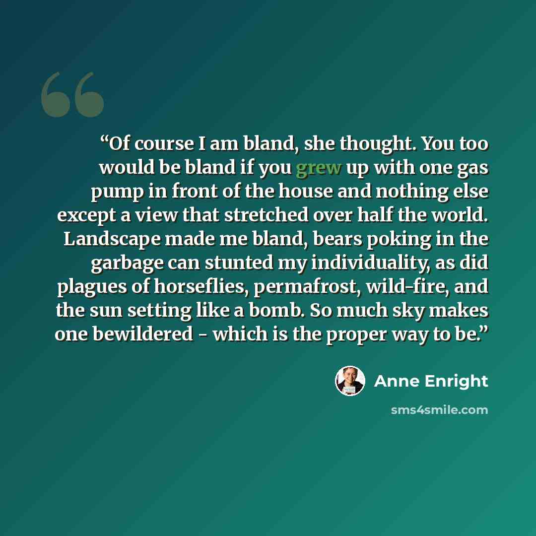 “Of course I am bland, she thought. You too would be bland if you grew up with one gas pump in front of the house and nothing else except a view that stretched over half the world. Landscape made me bland, bears poking in the garbage can stunted my individuality, as did plagues of horseflies…” quote by Anne Enright