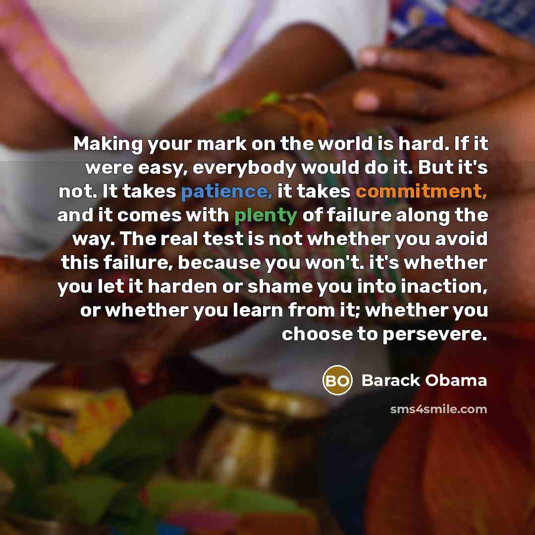 “Making your mark on the world is hard. If it were easy, everybody would do it. But it's not. It takes patience, it takes commitment, and it comes with plenty of failure along the way. The real test is not whether you avoid this failure, because you won't. it's whether you let it harden or shame…” quote by Barack Obama