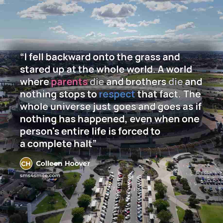 “I fell backward onto the grass and stared up at the whole world. A world where parents die and brothers die and nothing stops to respect that fact. The whole universe just goes and goes as if nothing has happened, even when one person's entire life is forced to a complete halt” quote by Colleen Hoover