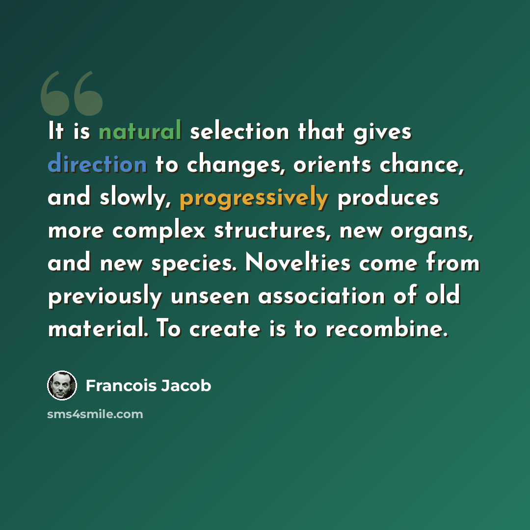 “It is natural selection that gives direction to changes, orients chance, and slowly, progressively produces more complex structures, new organs, and new species. Novelties come from previously unseen association of old material. To create is to recombine.” quote by Francois Jacob