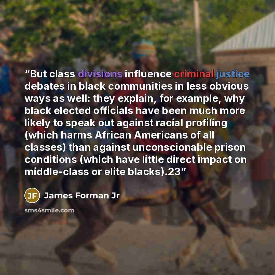 “But class divisions influence criminal justice debates in black communities in less obvious ways as well: they explain, for example, why black elected officials have been much more likely to speak out against racial profiling (which harms African Americans of all classes) than against…” quote by James Forman Jr