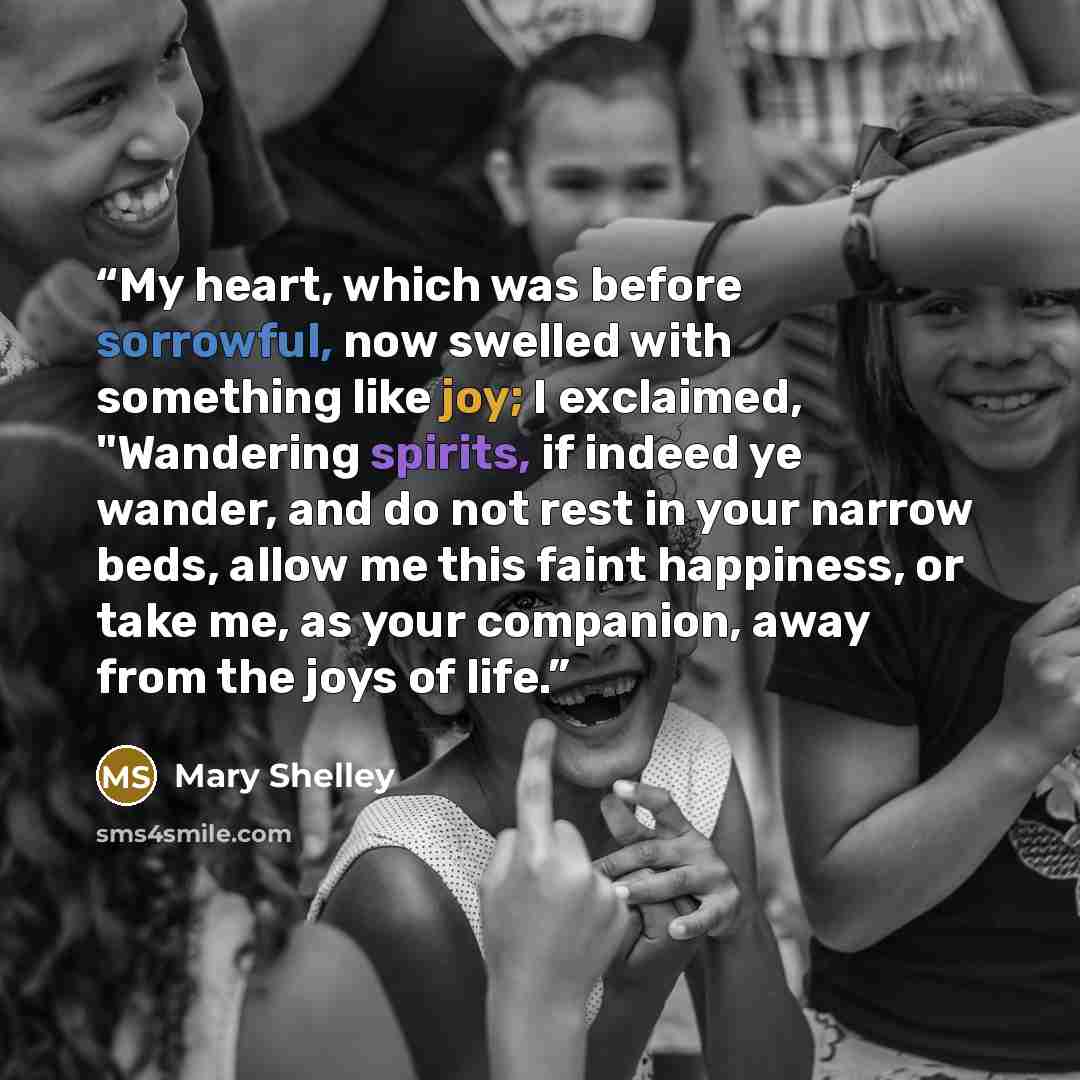 “My heart, which was before sorrowful, now swelled with something like joy; I exclaimed, "Wandering spirits, if indeed ye wander, and do not rest in your narrow beds, allow me this faint happiness, or take me, as your companion, away from the joys of life.” quote by Mary Shelley