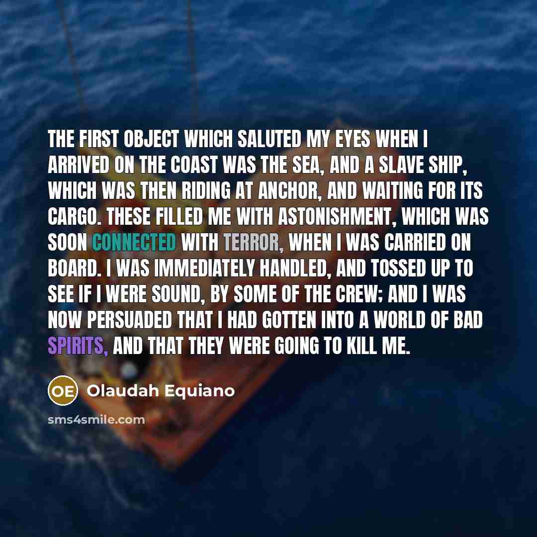 “The first object which saluted my eyes when I arrived on the coast was the sea, and a slave ship, which was then riding at anchor, and waiting for its cargo. These filled me with astonishment, which was soon connected with terror, when I was carried on board. I was immediately handled, and tossed…” quote by Olaudah Equiano