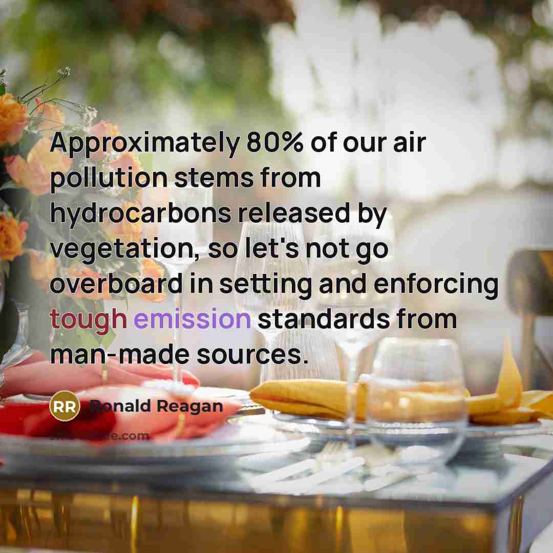 “Approximately 80% of our air pollution stems from hydrocarbons released by vegetation, so let's not go overboard in setting and enforcing tough emission standards from man-made sources.” quote by Ronald Reagan