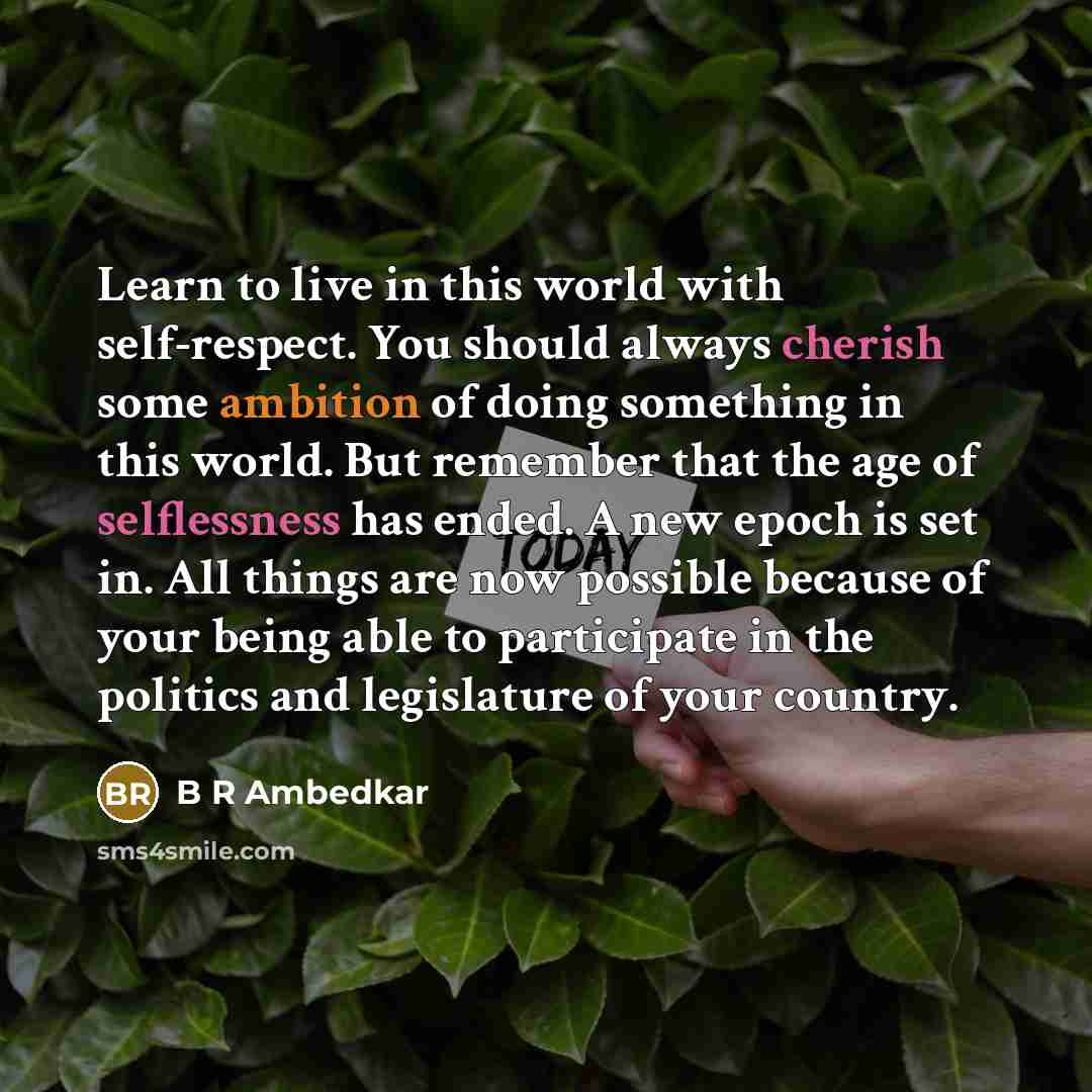 “Learn to live in this world with self-respect. You should always cherish some ambition of doing something in this world. But remember that the age of selflessness has ended. A new epoch is set in. All things are now possible because of your being able to participate in the politics and legislature…” quote by B R Ambedkar