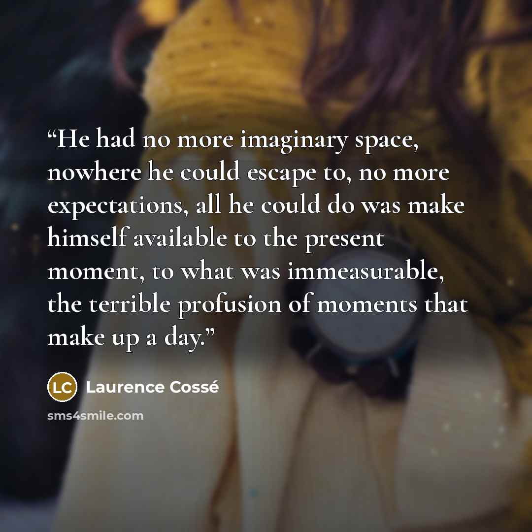 “He had no more imaginary space, nowhere he could escape to, no more expectations, all he could do was make himself available to the present moment, to what was immeasurable, the terrible profusion of moments that make up a day.” quote by Laurence Cossé