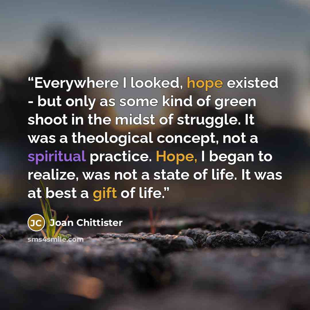 “Everywhere I looked, hope existed - but only as some kind of green shoot in the midst of struggle. It was a theological concept, not a spiritual practice. Hope, I began to realize, was not a state of life. It was at best a gift of life.” quote by Joan Chittister