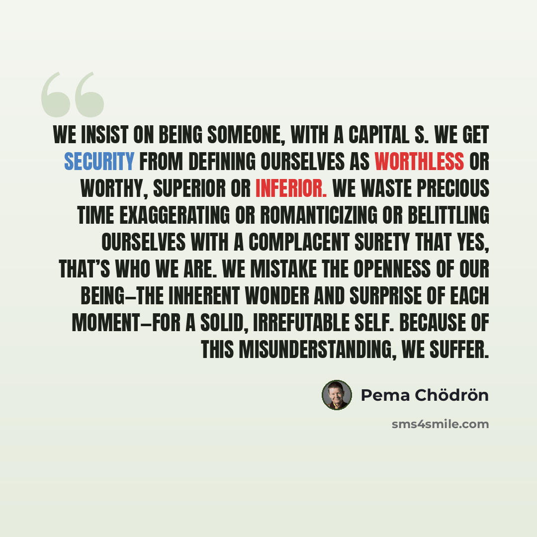 “We insist on being Someone, with a capital S. We get security from defining ourselves as worthless or worthy, superior or inferior. We waste precious time exaggerating or romanticizing or belittling ourselves with a complacent surety that yes, that’s who we are. We mistake the openness of our…” quote by Pema Chodron