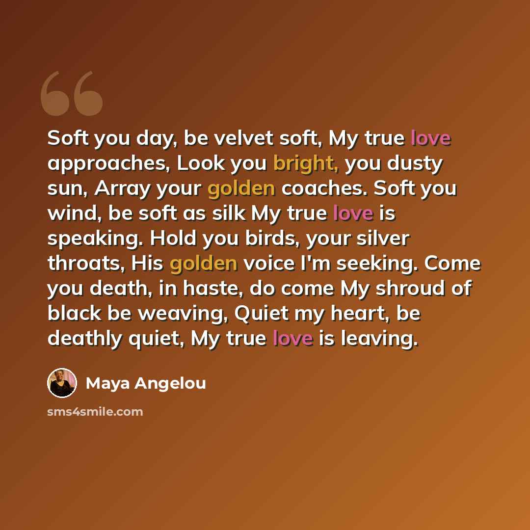 “Soft you day, be velvet soft, My true love approaches, Look you bright, you dusty sun, Array your golden coaches. Soft you wind, be soft as silk My true love is speaking. Hold you birds, your silver throats, His golden voice I'm seeking. Come you death, in haste, do come My shroud of black be…” quote by Maya Angelou
