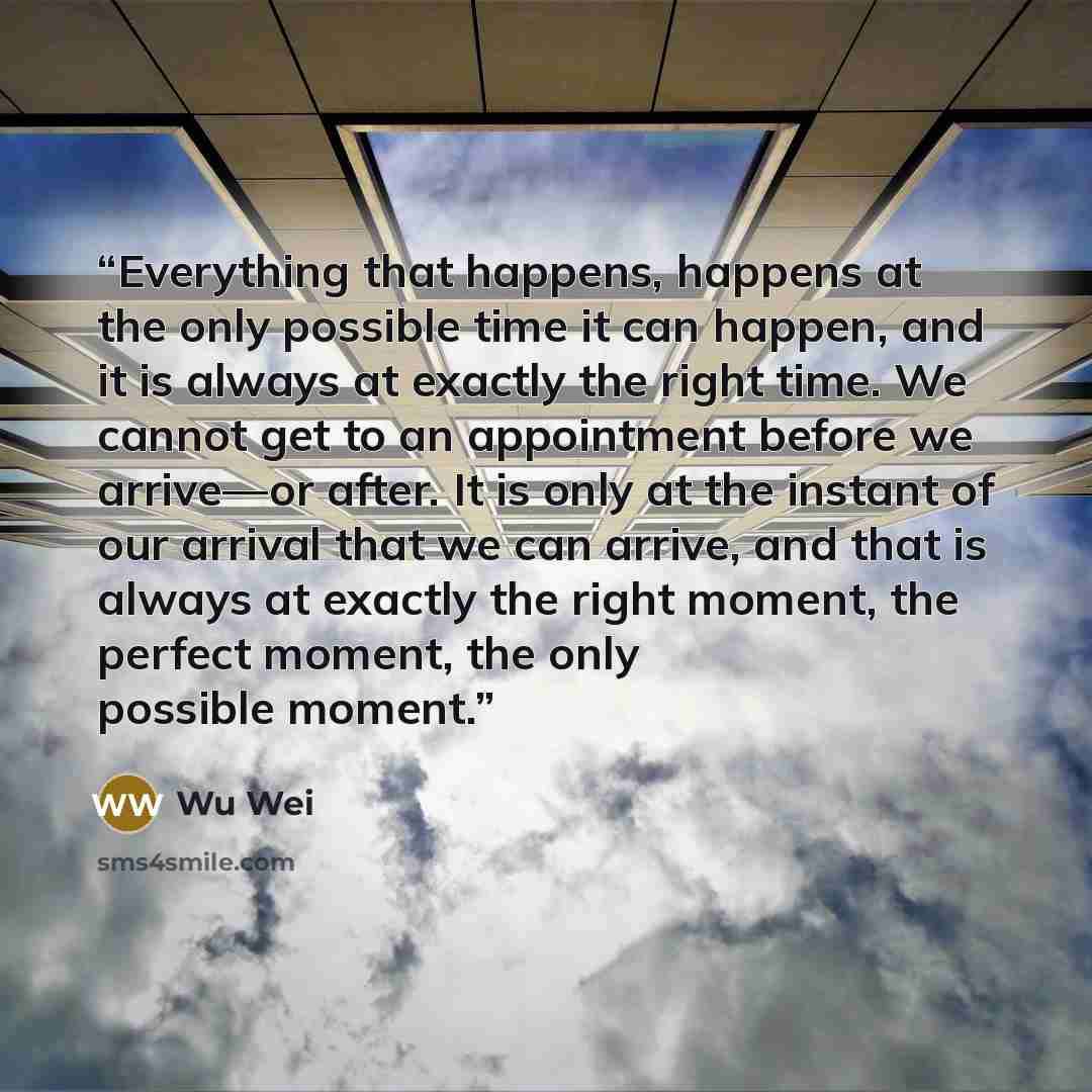 “Everything that happens, happens at the only possible time it can happen, and it is always at exactly the right time. We cannot get to an appointment before we arrive—or after. It is only at the instant of our arrival that we can arrive, and that is always at exactly the right moment, the perfect…” quote by Wu Wei