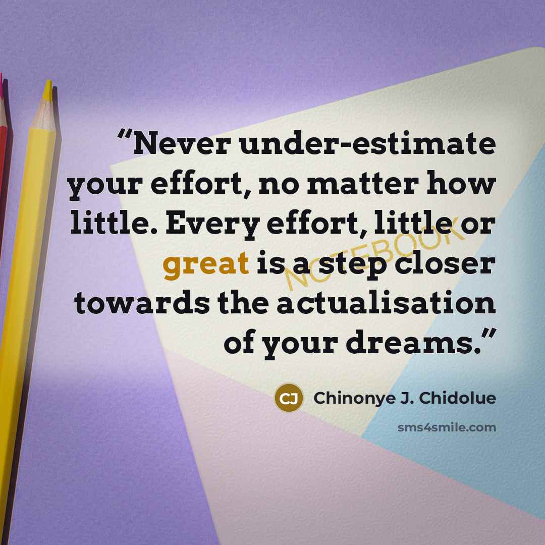 “Never under-estimate your effort, no matter how little. Every effort, little or great is a step closer towards the actualisation of your dreams.” quote by Chinonye J. Chidolue