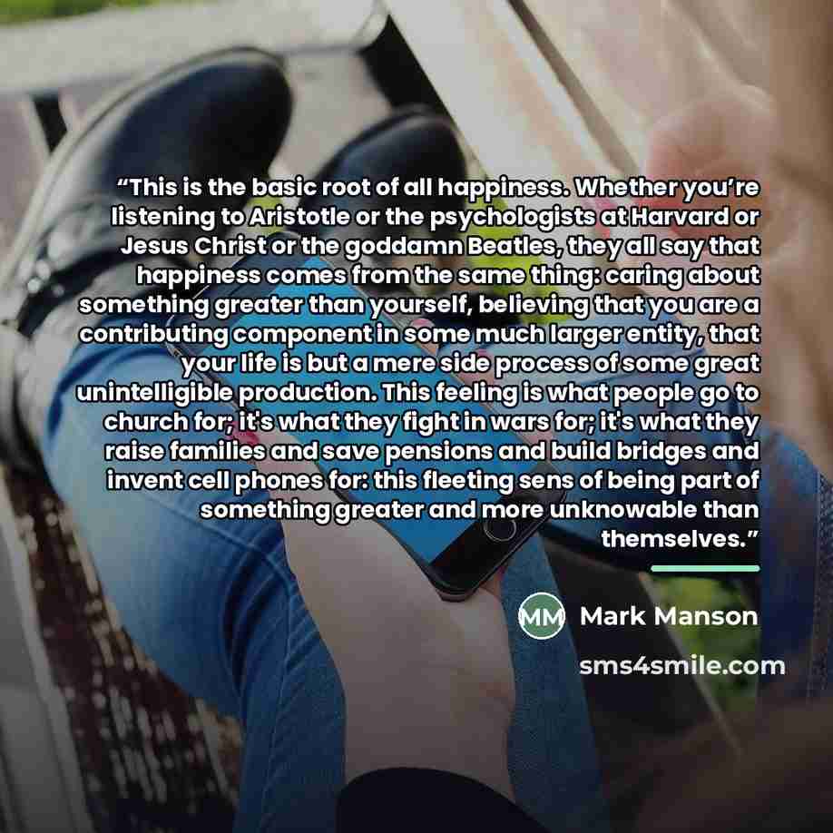 “This is the basic root of all happiness. Whether you’re listening to Aristotle or the psychologists at Harvard or Jesus Christ or the goddamn Beatles, they all say that happiness comes from the same thing: caring about something greater than yourself, believing that you are a contributing…” quote by mark manson