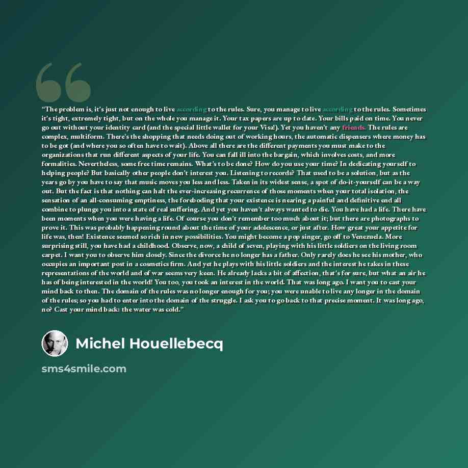 “The problem is, it's just not enough to live according to the rules. Sure, you manage to live according to the rules. Sometimes it's tight, extremely tight, but on the whole you manage it. Your tax papers are up to date. Your bills paid on time. You never go out without your identity card (and the…” quote by Michel Houellebecq