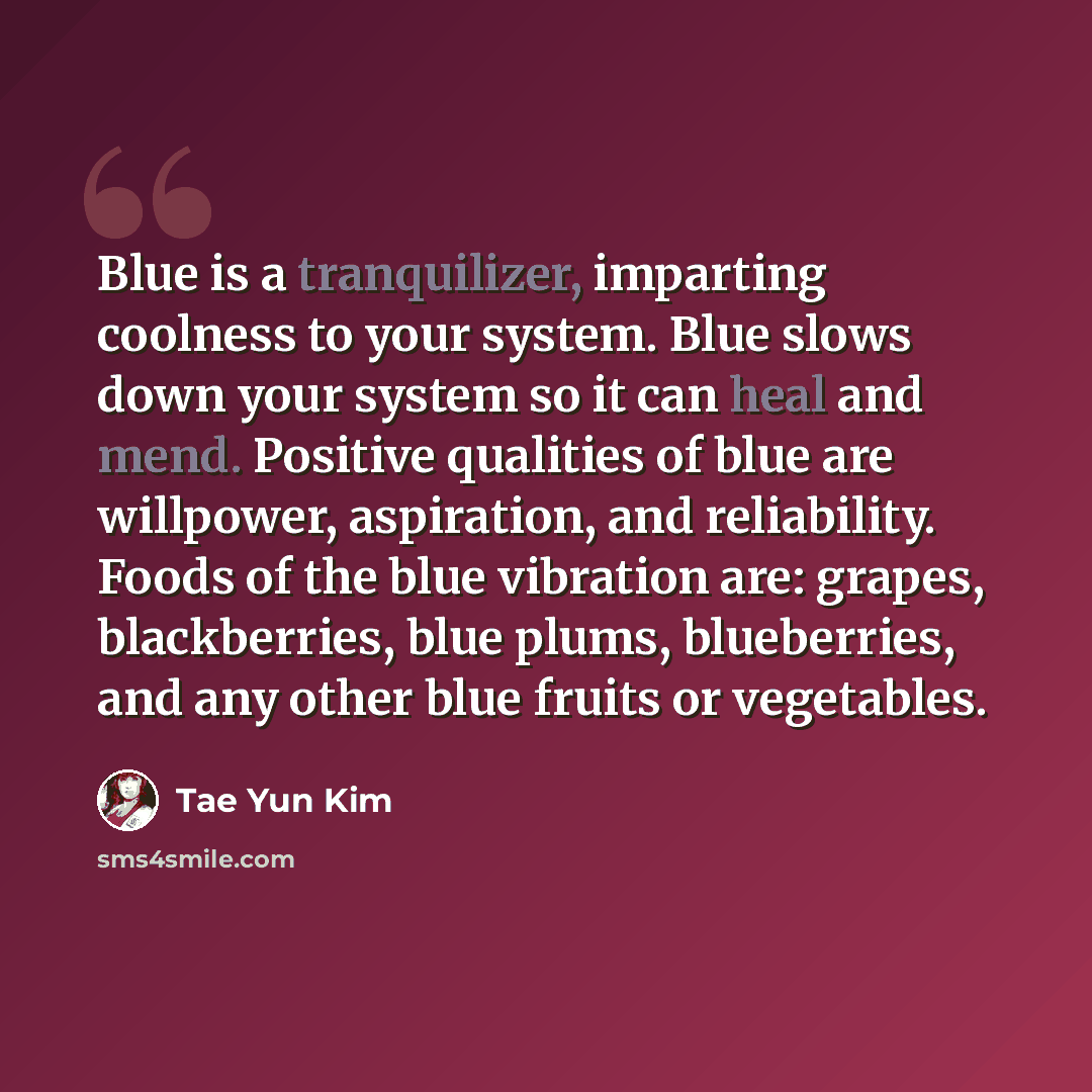 “Blue is a tranquilizer, imparting coolness to your system. Blue slows down your system so it can heal and mend. Positive qualities of blue are willpower, aspiration, and reliability. Foods of the blue vibration are: grapes, blackberries, blue plums, blueberries, and any other blue fruits or…” quote by Tae Yun Kim