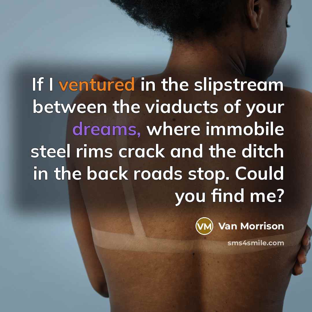 “If I ventured in the slipstream between the viaducts of your dreams, where immobile steel rims crack and the ditch in the back roads stop. Could you find me?” quote by Van Morrison