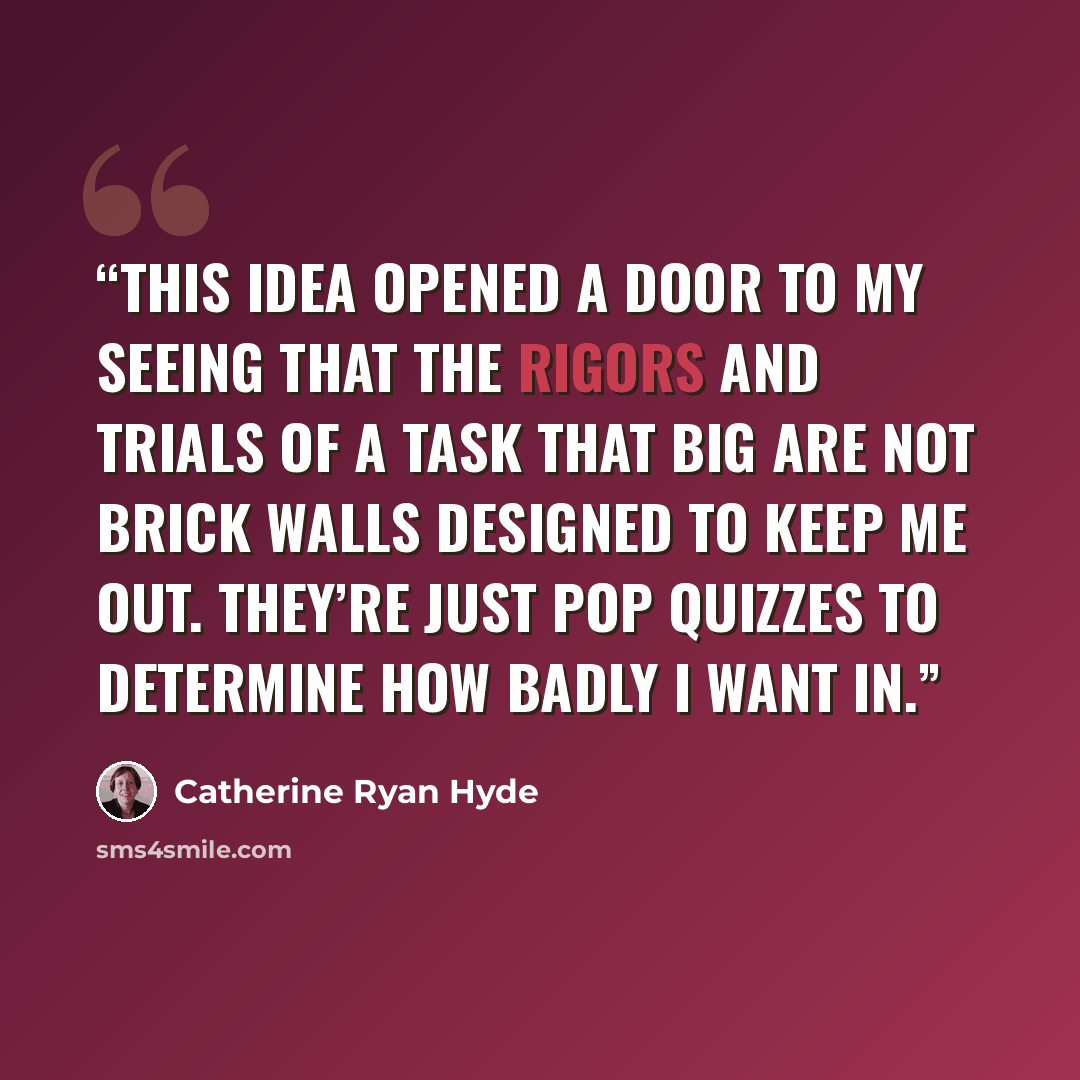 “This idea opened a door to my seeing that the rigors and trials of a task that big are not brick walls designed to keep me out. They’re just pop quizzes to determine how badly I want in.” quote by Catherine Ryan Hyde