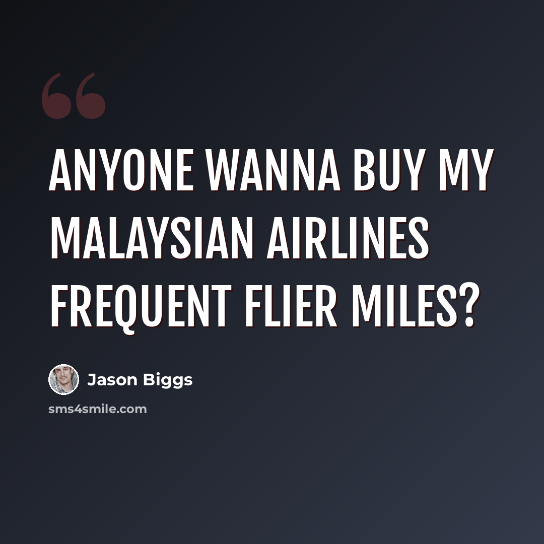 “Anyone wanna buy my Malaysian Airlines frequent flier miles?” quote by Jason Biggs
