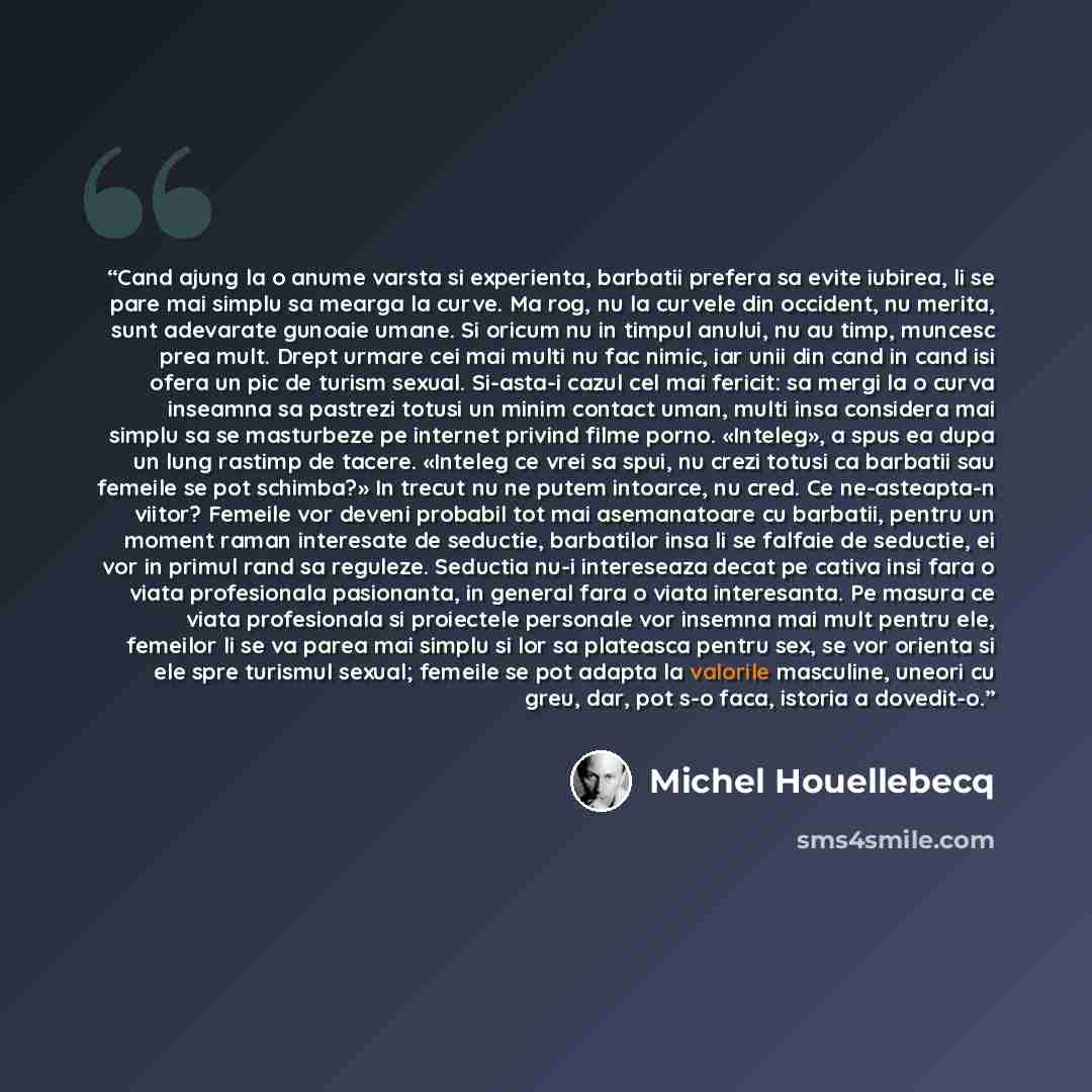 “Cand ajung la o anume varsta si experienta, barbatii prefera sa evite iubirea, li se pare mai simplu sa mearga la curve. Ma rog, nu la curvele din occident, nu merita, sunt adevarate gunoaie umane. Si oricum nu in timpul anului, nu au timp, muncesc prea mult. Drept urmare cei mai multi nu fac…” quote by Michel Houellebecq