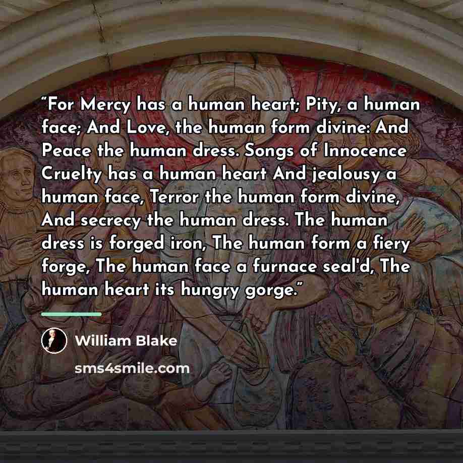 “For Mercy has a human heart; Pity, a human face; And Love, the human form divine: And Peace the human dress. Songs of Innocence Cruelty has a human heart And jealousy a human face, Terror the human form divine, And secrecy the human dress. The human dress is forged iron, The human form a fiery…” quote by William Blake