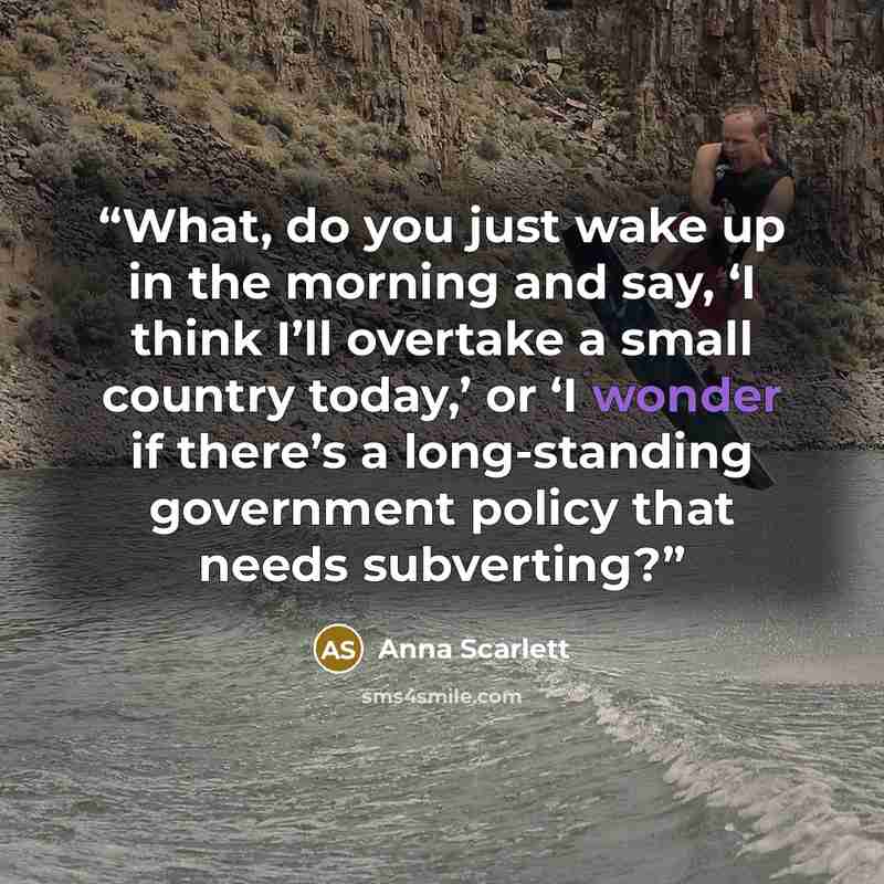 “What, do you just wake up in the morning and say, ‘I think I’ll overtake a small country today,’ or ‘I wonder if there’s a long-standing government policy that needs subverting?” quote by Anna Scarlett
