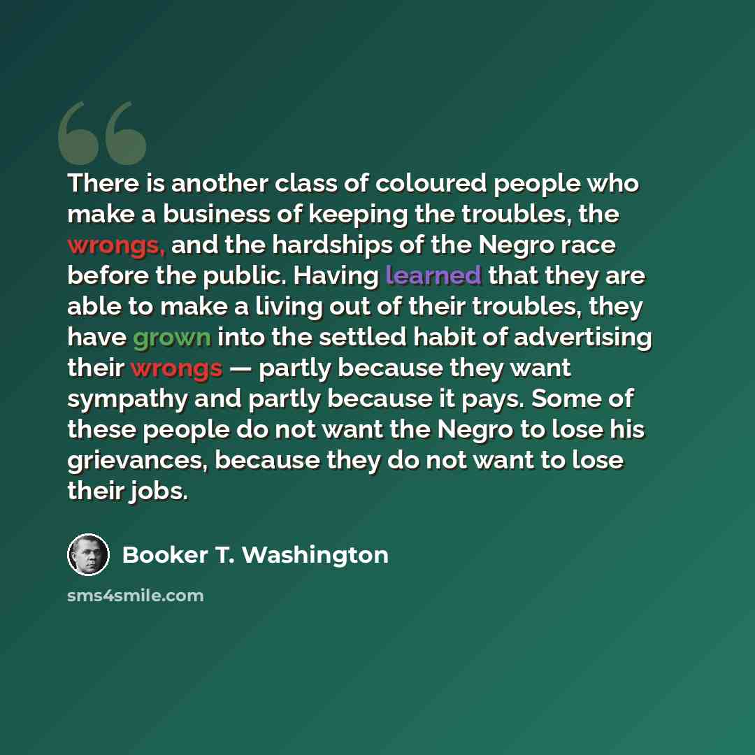 “There is another class of coloured people who make a business of keeping the troubles, the wrongs, and the hardships of the Negro race before the public. Having learned that they are able to make a living out of their troubles, they have grown into the settled habit of advertising their wrongs…” quote by Booker T. Washington