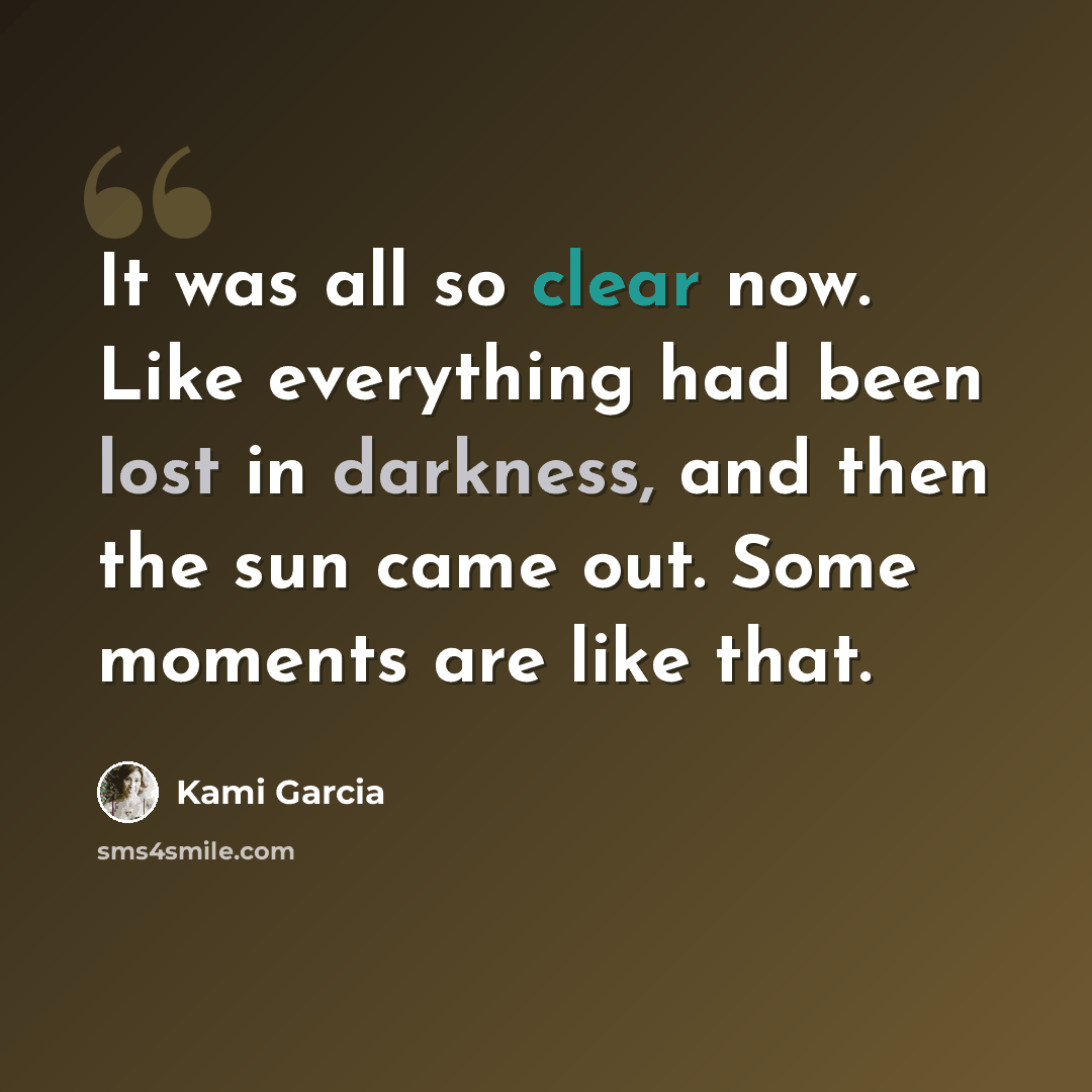 “It was all so clear now. Like everything had been lost in darkness, and then the sun came out. Some moments are like that.” quote by Kami Garcia