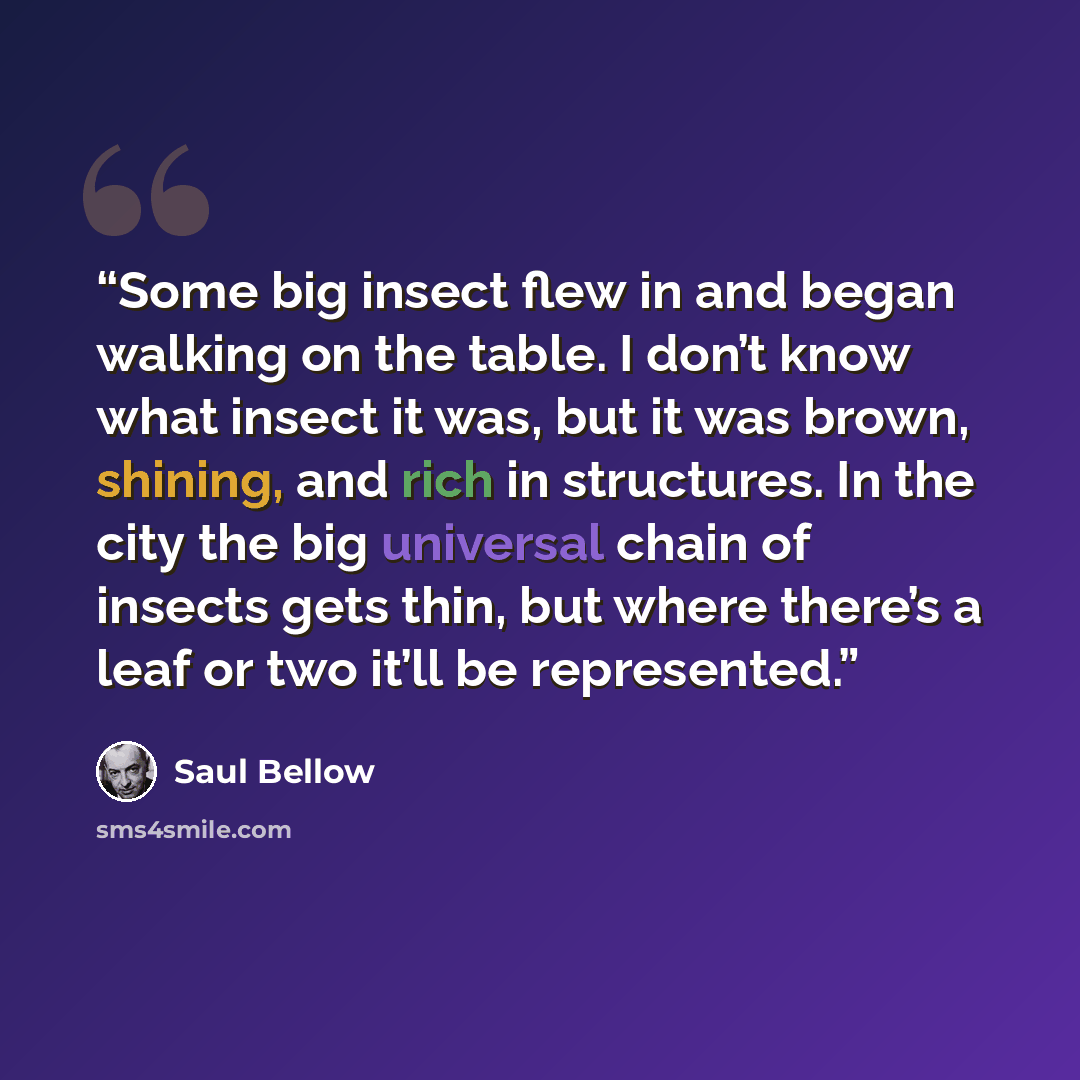 “Some big insect flew in and began walking on the table. I don’t know what insect it was, but it was brown, shining, and rich in structures. In the city the big universal chain of insects gets thin, but where there’s a leaf or two it’ll be represented.” quote by Saul Bellow