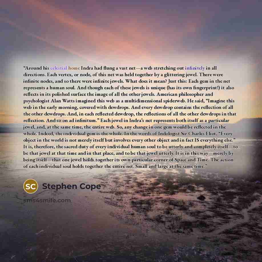 “Around his celestial home Indra had flung a vast net—a web stretching out infinitely in all directions. Each vertex, or node, of this net was held together by a glittering jewel. There were infinite nodes, and so there were infinite jewels. What does it mean? Just this: Each gem in the net…” quote by Stephen Cope