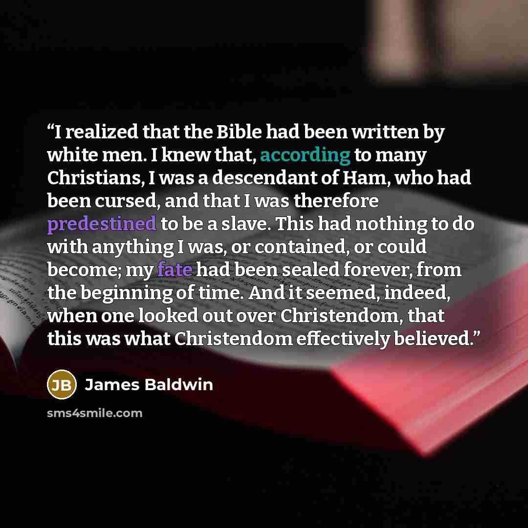 “I realized that the Bible had been written by white men. I knew that, according to many Christians, I was a descendant of Ham, who had been cursed, and that I was therefore predestined to be a slave. This had nothing to do with anything I was, or contained, or could become; my fate had been sealed…” quote by James Baldwin