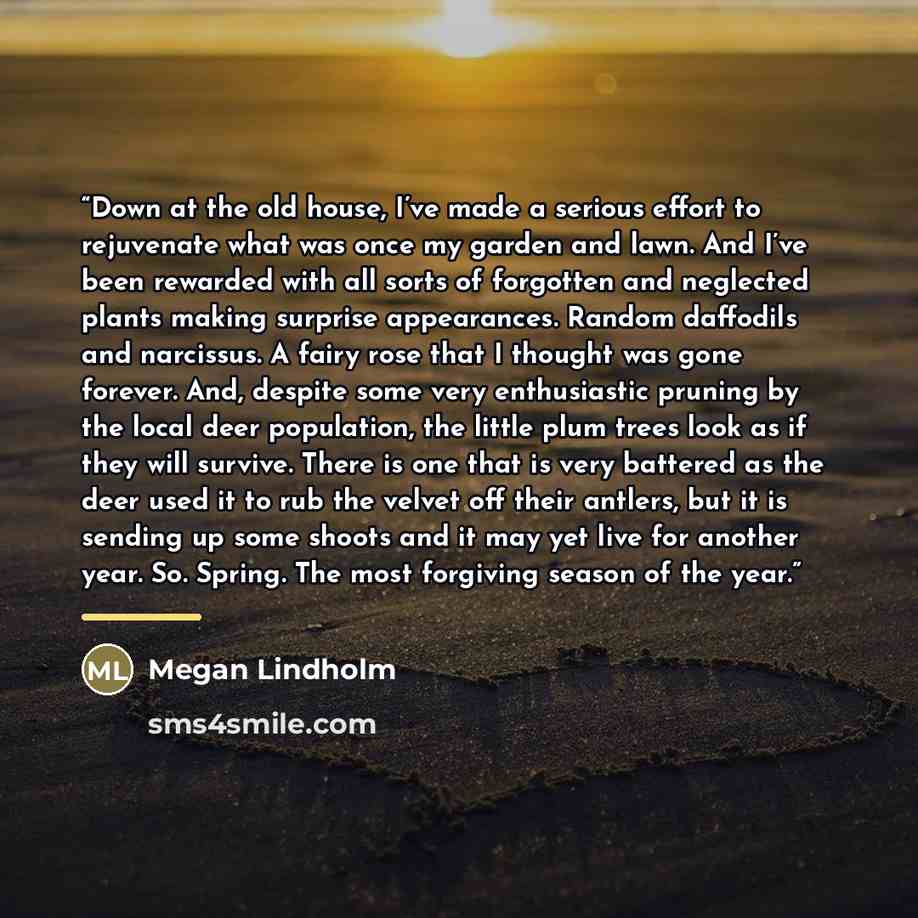 “Down at the old house, I’ve made a serious effort to rejuvenate what was once my garden and lawn. And I’ve been rewarded with all sorts of forgotten and neglected plants making surprise appearances. Random daffodils and narcissus. A fairy rose that I thought was gone forever. And, despite some…” quote by Megan Lindholm
