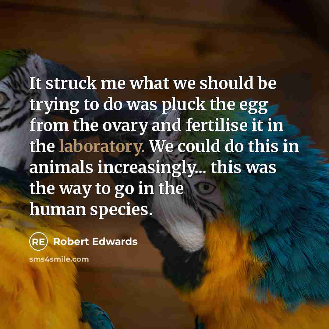 “It struck me what we should be trying to do was pluck the egg from the ovary and fertilise it in the laboratory. We could do this in animals increasingly... this was the way to go in the human species.” quote by Robert Edwards