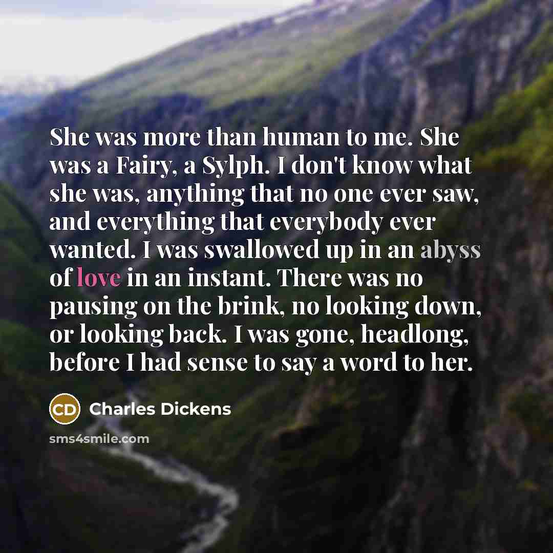 “She was more than human to me. She was a Fairy, a Sylph. I don't know what she was, anything that no one ever saw, and everything that everybody ever wanted. I was swallowed up in an abyss of love in an instant. There was no pausing on the brink, no looking down, or looking back. I was gone…” quote by Charles Dickens