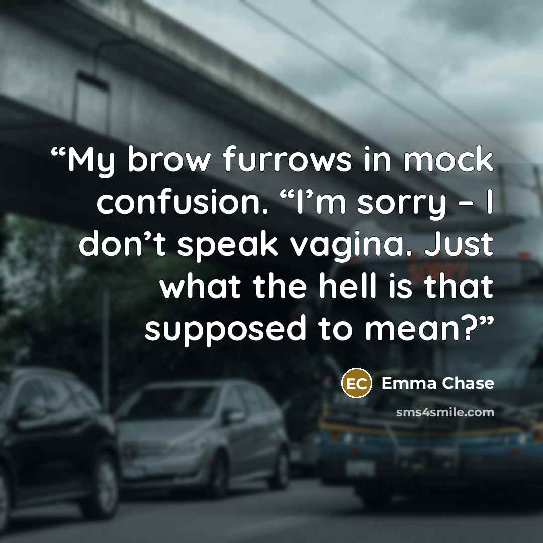 “My brow furrows in mock confusion. “I’m sorry – I don’t speak vagina. Just what the hell is that supposed to mean?” quote by Emma Chase