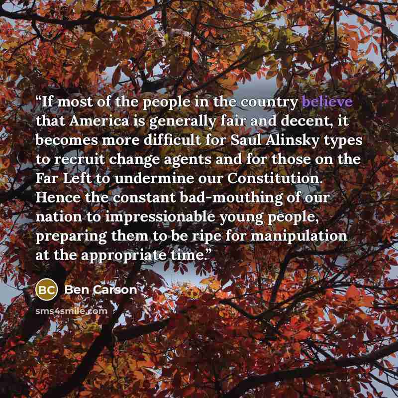 “If most of the people in the country believe that America is generally fair and decent, it becomes more difficult for Saul Alinsky types to recruit change agents and for those on the Far Left to undermine our Constitution. Hence the constant bad-mouthing of our nation to impressionable young…” quote by Ben Carson
