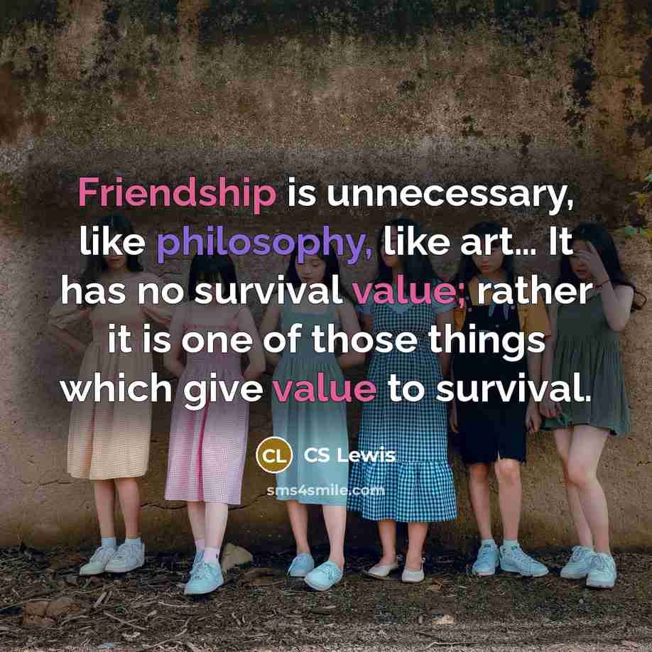 “Friendship is unnecessary, like philosophy, like art… It has no survival value; rather it is one of those things which give value to survival.” quote by CS Lewis
