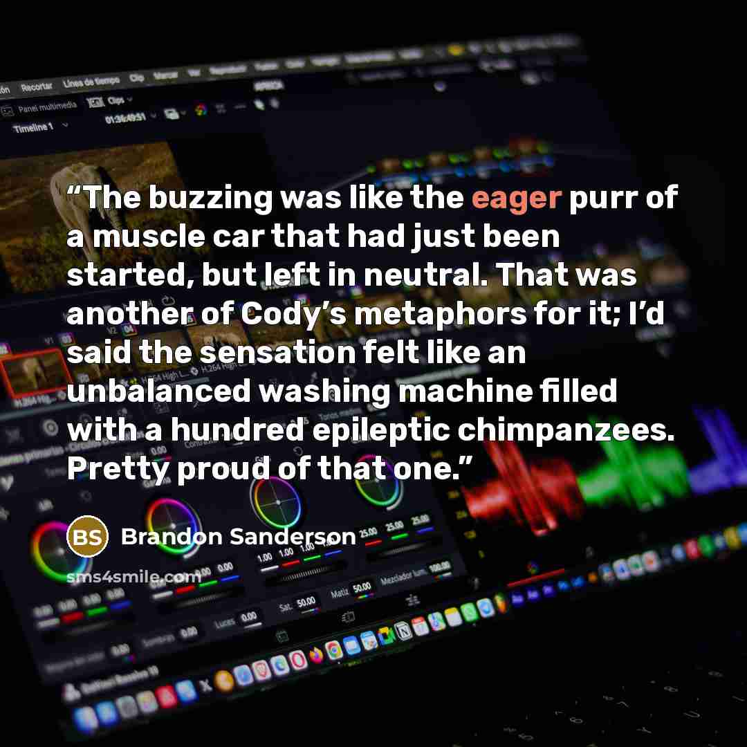 “The buzzing was like the eager purr of a muscle car that had just been started, but left in neutral. That was another of Cody’s metaphors for it; I’d said the sensation felt like an unbalanced washing machine filled with a hundred epileptic chimpanzees. Pretty proud of that one.” quote by Brandon Sanderson