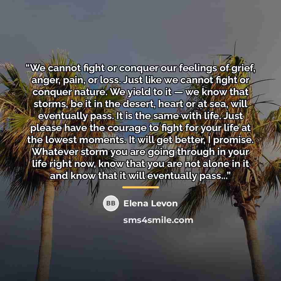 “We cannot fight or conquer our feelings of grief, anger, pain, or loss. Just like we cannot fight or conquer nature. We yield to it — we know that storms, be it in the desert, heart or at sea, will eventually pass. It is the same with life. Just please have the courage to fight for your life at…” quote by Elena Levon