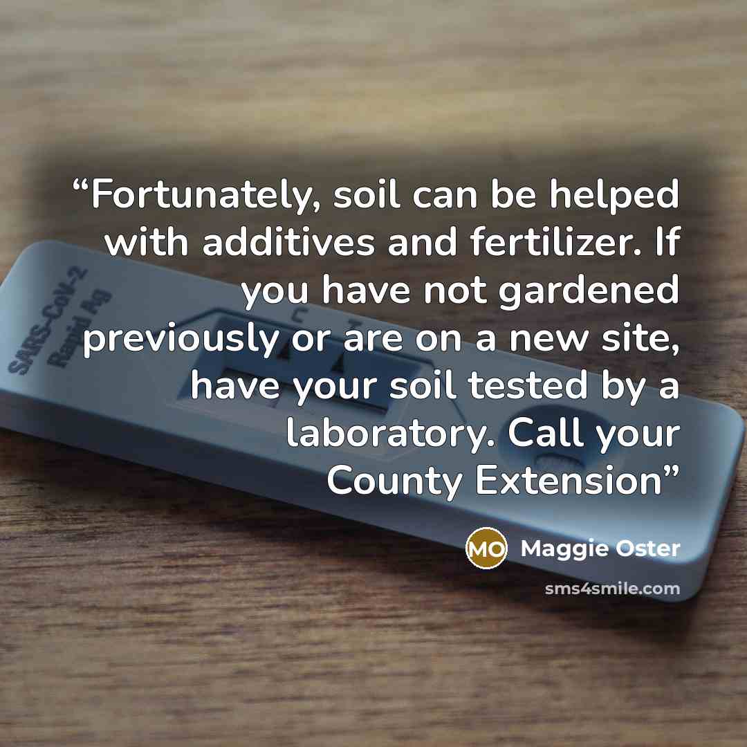 “Fortunately, soil can be helped with additives and fertilizer. If you have not gardened previously or are on a new site, have your soil tested by a laboratory. Call your County Extension” quote by Maggie Oster
