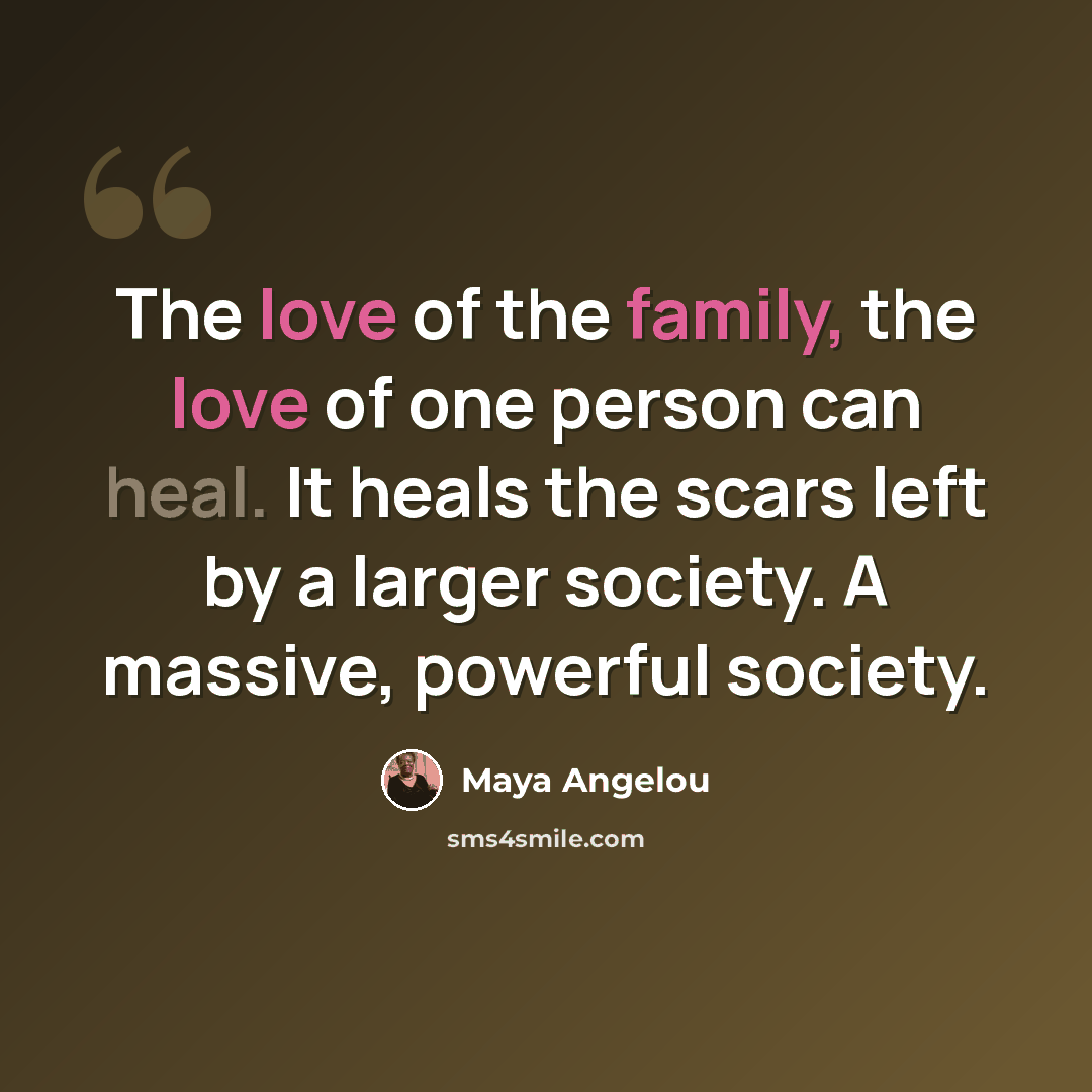 “The love of the family, the love of one person can heal. It heals the scars left by a larger society. A massive, powerful society.” quote by Maya Angelou