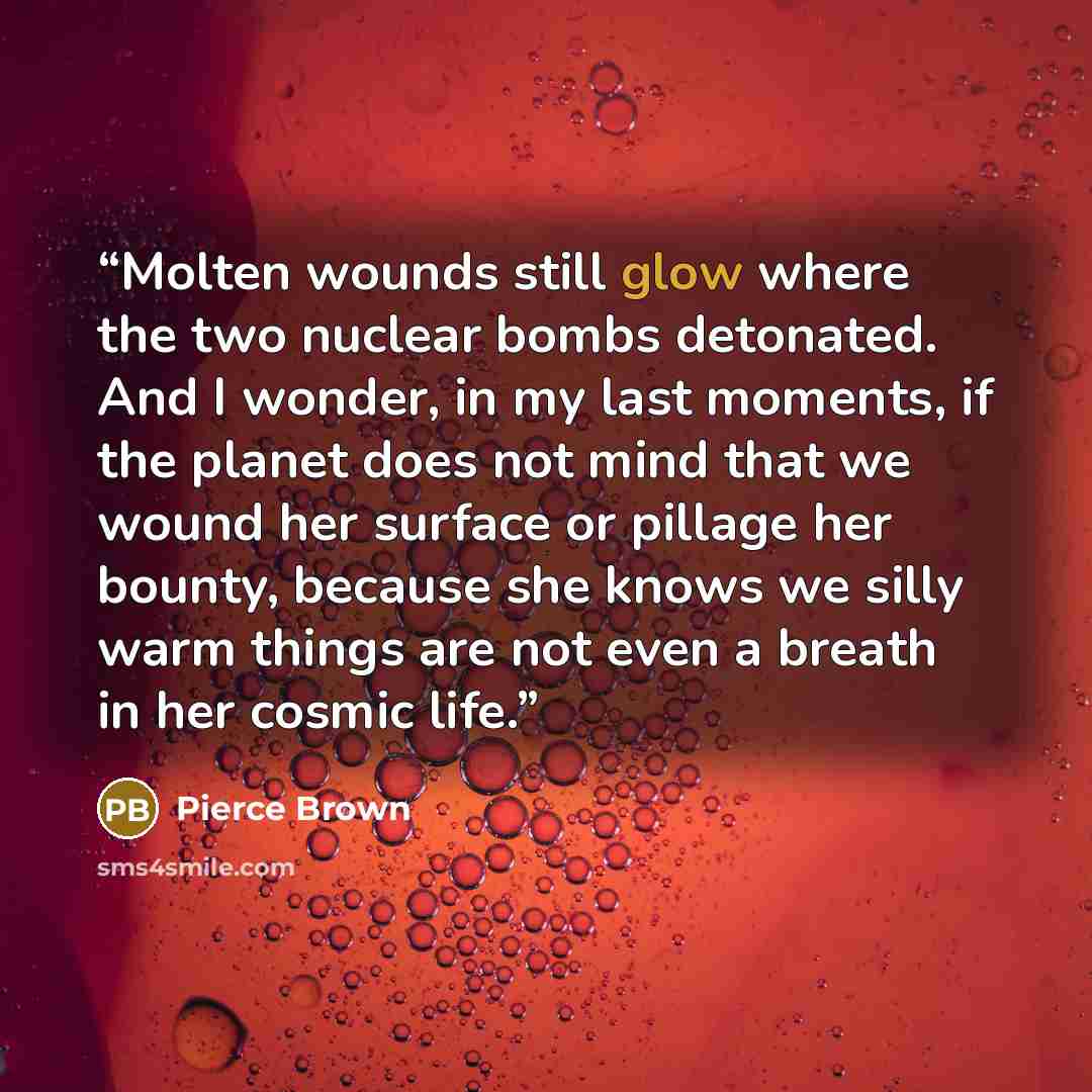 “Molten wounds still glow where the two nuclear bombs detonated. And I wonder, in my last moments, if the planet does not mind that we wound her surface or pillage her bounty, because she knows we silly warm things are not even a breath in her cosmic life.” quote by Pierce Brown