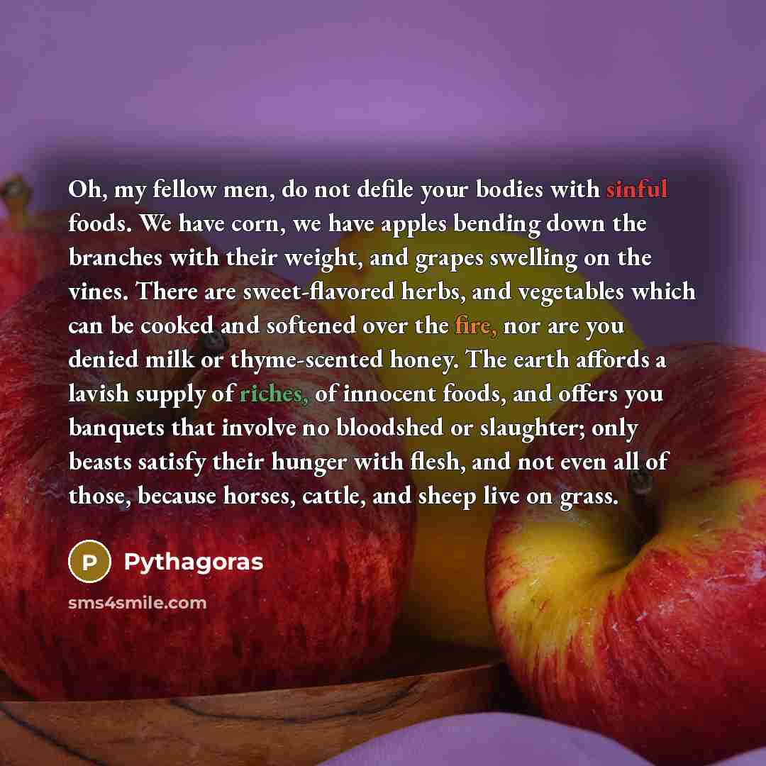 “Oh, my fellow men, do not defile your bodies with sinful foods. We have corn, we have apples bending down the branches with their weight, and grapes swelling on the vines. There are sweet-flavored herbs, and vegetables which can be cooked and softened over the fire, nor are you denied milk or…” quote by Pythagoras