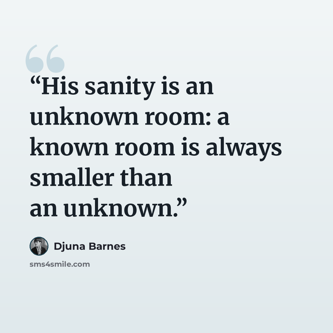 “His sanity is an unknown room: a known room is always smaller than an unknown.” quote by Djuna Barnes