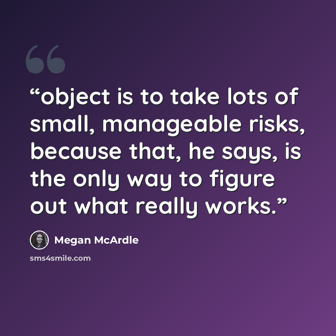 “object is to take lots of small, manageable risks, because that, he says, is the only way to figure out what really works.” quote by Megan McArdle