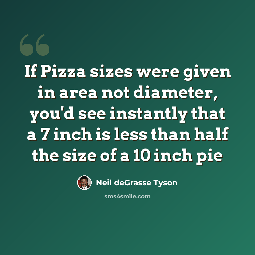 “If Pizza sizes were given in area not diameter, you'd see instantly that a 7 inch is less than half the size of a 10 inch pie” quote by Neil deGrasse Tyson