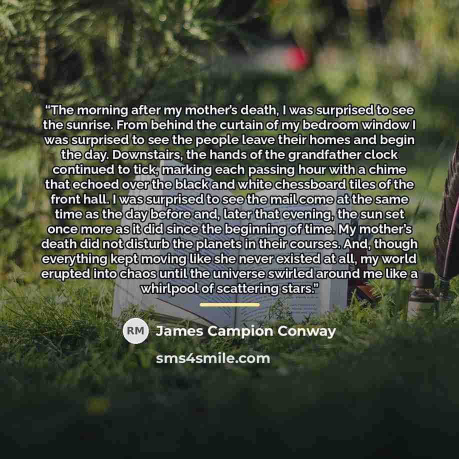 “The morning after my mother’s death, I was surprised to see the sunrise. From behind the curtain of my bedroom window I was surprised to see the people leave their homes and begin the day. Downstairs, the hands of the grandfather clock continued to tick, marking each passing hour with a chime that…” quote by James Campion Conway