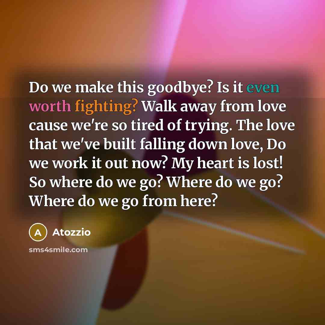 “Do we make this goodbye? Is it even worth fighting? Walk away from love cause we're so tired of trying. The love that we've built falling down love, Do we work it out now? My heart is lost! So where do we go? Where do we go? Where do we go from here?” quote by Atozzio