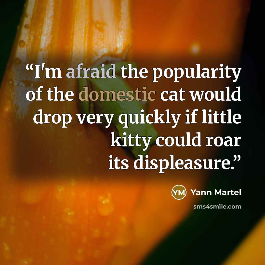 “I'm afraid the popularity of the domestic cat would drop very quickly if little kitty could roar its displeasure.” quote by Yann Martel