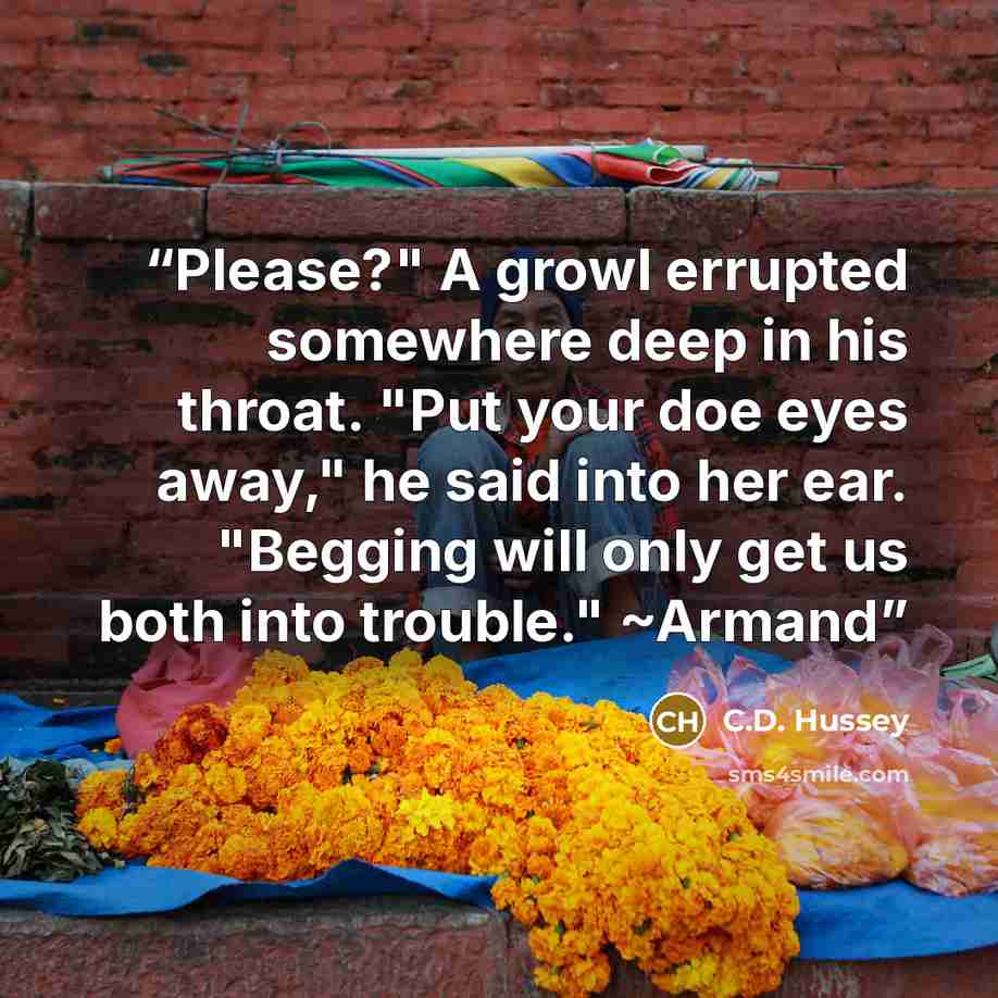 “Please?" A growl errupted somewhere deep in his throat. "Put your doe eyes away," he said into her ear. "Begging will only get us both into trouble." ~Armand” quote by C.D. Hussey